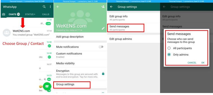 Enable sending only admin messages to Whatsapp group
