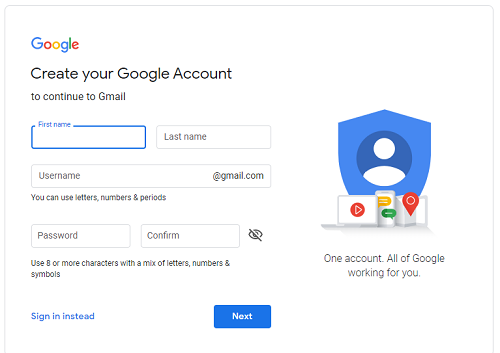 create your google account form